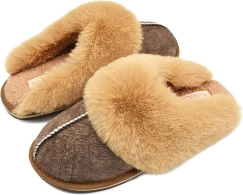 KuaiLu Womens Fuzzy Memory Foam Slippers Warm House Shoes Arch Support | Ladies Cozy Slip On Plush Faux Fur Lined Slippers Winter Indoor Outdoor House Shoes with Durable Hard Rubber Sole in Saudi Arabia