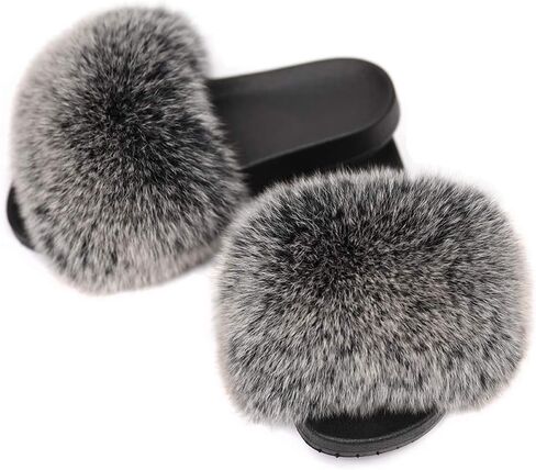 Jancoco Max Real Fox Fur Slides for Women - Furry Slides Fluffy Fur Slippers Open Toe Flat Slides Fur Sandals Outdoor in Kuwait
