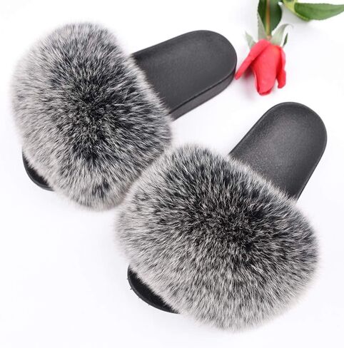 Jancoco Max Real Fox Fur Slides for Women - Furry Slides Fluffy Fur Slippers Open Toe Flat Slides Fur Sandals Outdoor in Kuwait