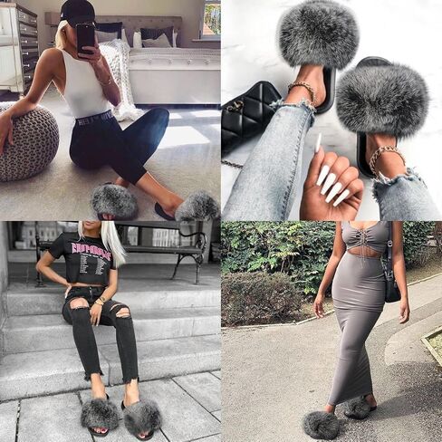 Jancoco Max Real Fox Fur Slides for Women - Furry Slides Fluffy Fur Slippers Open Toe Flat Slides Fur Sandals Outdoor in Kuwait
