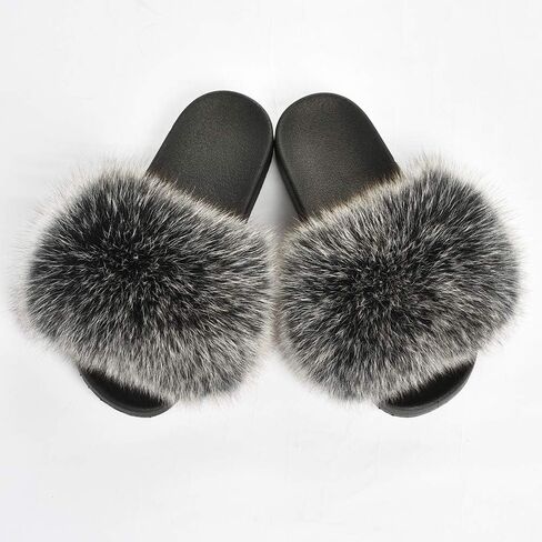 Jancoco Max Real Fox Fur Slides for Women - Furry Slides Fluffy Fur Slippers Open Toe Flat Slides Fur Sandals Outdoor in Kuwait