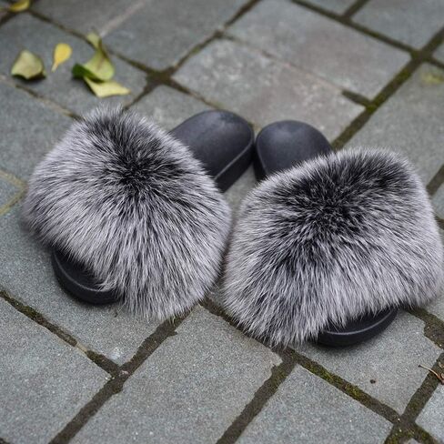 Jancoco Max Real Fox Fur Slides for Women - Furry Slides Fluffy Fur Slippers Open Toe Flat Slides Fur Sandals Outdoor in Kuwait