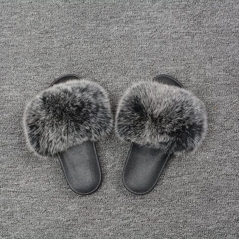Jancoco Max Real Fox Fur Slides for Women - Furry Slides Fluffy Fur Slippers Open Toe Flat Slides Fur Sandals Outdoor in Kuwait