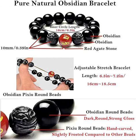 Black Obsidian Bracelet,Feng Shui Black Obsidian Wealth Bracelet for Women Men Couples Handmade Stretch Obsidian Bracelet Bangle with Carved Pixiu Tiger Eye Stone Attract Wealth Money and Good Luck in Kuwait