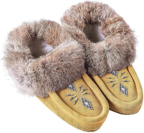 Women Moccasins Indoor Slippers of Soft Sole Fleece Lined Rabbit Fur Trim in Kuwait