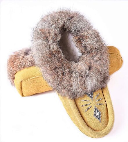 Women Moccasins Indoor Slippers of Soft Sole Fleece Lined Rabbit Fur Trim in Kuwait
