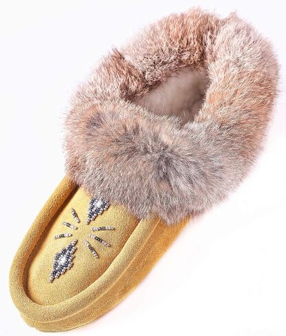 Women Moccasins Indoor Slippers of Soft Sole Fleece Lined Rabbit Fur Trim in Kuwait