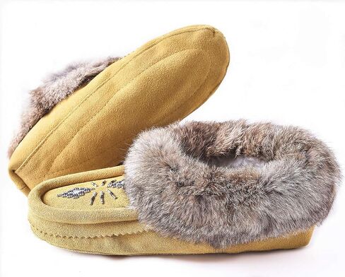 Women Moccasins Indoor Slippers of Soft Sole Fleece Lined Rabbit Fur Trim in Kuwait