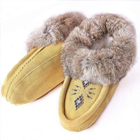 Women Moccasins Indoor Slippers of Soft Sole Fleece Lined Rabbit Fur Trim in Kuwait