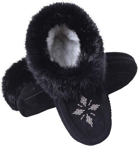 Women Moccasins Indoor Slippers of Soft Sole Fleece Lined Rabbit Fur Trim in Saudi Arabia