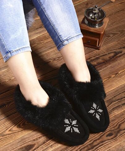 Women Moccasins Indoor Slippers of Soft Sole Fleece Lined Rabbit Fur Trim in Saudi Arabia
