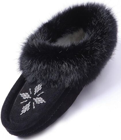 Women Moccasins Indoor Slippers of Soft Sole Fleece Lined Rabbit Fur Trim in Saudi Arabia