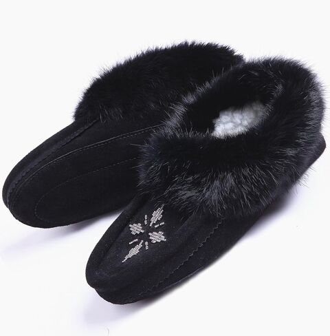 Women Moccasins Indoor Slippers of Soft Sole Fleece Lined Rabbit Fur Trim in Saudi Arabia