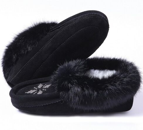 Women Moccasins Indoor Slippers of Soft Sole Fleece Lined Rabbit Fur Trim in Saudi Arabia
