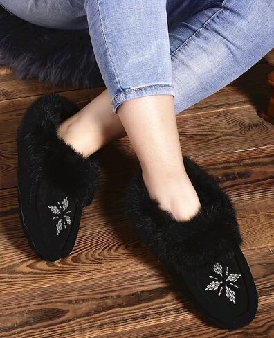 Women Moccasins Indoor Slippers of Soft Sole Fleece Lined Rabbit Fur Trim in Saudi Arabia
