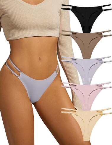 SHARICCA حزام خصر قابل للتعديل G-String Thongs سلس سراويل داخلية منخفضة الخصر للنساء حزمة متعددة in Kuwait