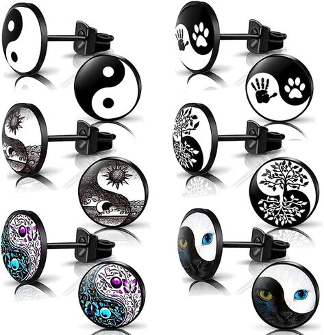 YCL & TXL 6 أزواج من الفولاذ المقاوم للصدأ يين ويانغ نمط أقراط للرجال أسود مجموعة أقراط مستديرة للنساء 10 مللي متر in Kuwait