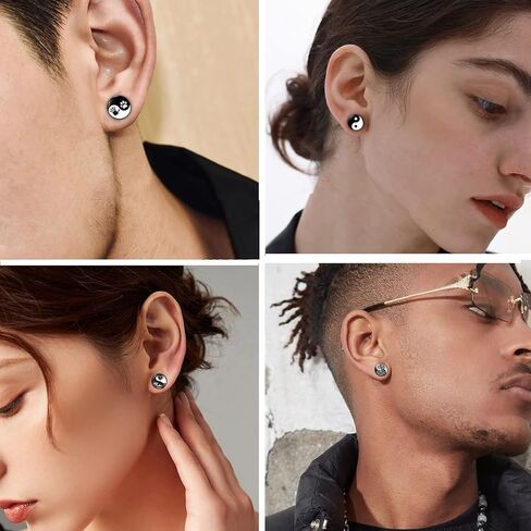 YCL & TXL 6 أزواج من الفولاذ المقاوم للصدأ يين ويانغ نمط أقراط للرجال أسود مجموعة أقراط مستديرة للنساء 10 مللي متر in Kuwait