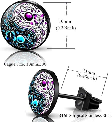 YCL & TXL 6 أزواج من الفولاذ المقاوم للصدأ يين ويانغ نمط أقراط للرجال أسود مجموعة أقراط مستديرة للنساء 10 مللي متر in Kuwait