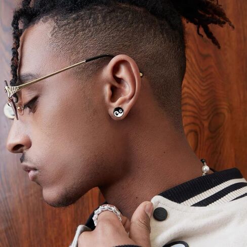 YCL & TXL 6 أزواج من الفولاذ المقاوم للصدأ يين ويانغ نمط أقراط للرجال أسود مجموعة أقراط مستديرة للنساء 10 مللي متر in Kuwait