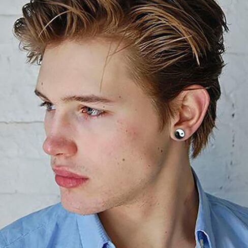 YCL & TXL 6 أزواج من الفولاذ المقاوم للصدأ يين ويانغ نمط أقراط للرجال أسود مجموعة أقراط مستديرة للنساء 10 مللي متر in Kuwait