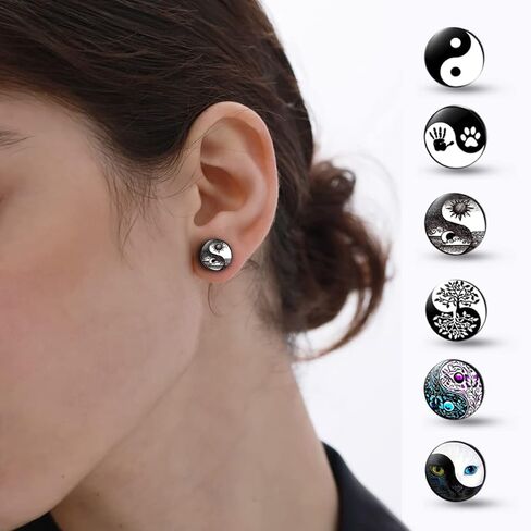 YCL & TXL 6 أزواج من الفولاذ المقاوم للصدأ يين ويانغ نمط أقراط للرجال أسود مجموعة أقراط مستديرة للنساء 10 مللي متر in Kuwait