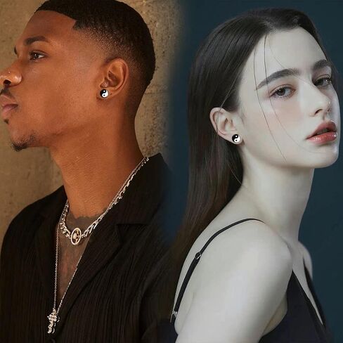 YCL & TXL 6 أزواج من الفولاذ المقاوم للصدأ يين ويانغ نمط أقراط للرجال أسود مجموعة أقراط مستديرة للنساء 10 مللي متر in Kuwait