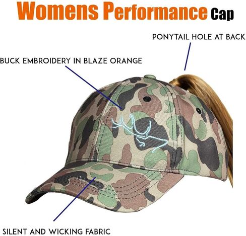 اي دي تريك قبعة بيرفورمانس للنساء مع فتحة ذيل حصان - قبعات صيد برتقالية مموهة وبليز in Kuwait