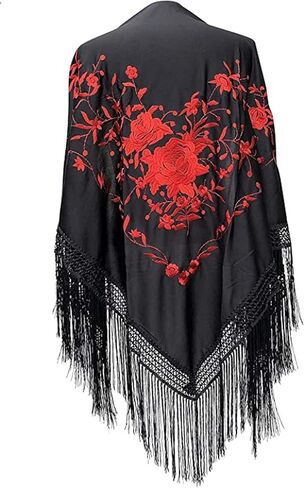 Black flamenco triangle shawl with fringes, red embroidery on one side. Large 75X35inch in Saudi Arabia