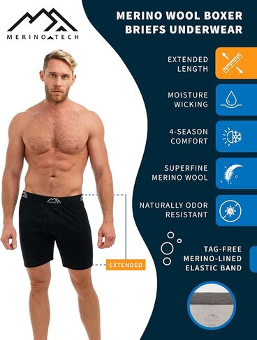 Merino.tech Merino Wool Underwear Mens - 100% Merino Boxer Wool Briefs (Medium, 170 Black Extra Long - Pack of 1) in Kuwait