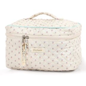 Sightor Cotton Makeup Bag, Quilted Cosmetic Bag with Handle Large Capacity Travel Toiletry Bag for Women Cute Aesthetic Floral Makeup Bag (Beige)