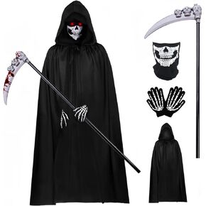 زي UYOF Grim Reaper للأولاد البالغين، زي عباءة منجل أسود، زي الشيطان للرجال بقلنسوة لحفلات الهالوين... in Kuwait