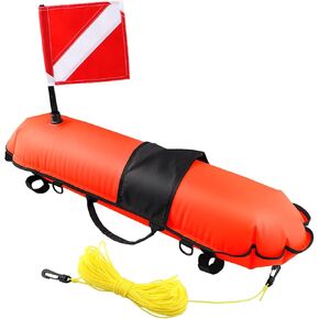 Owekfifv Spearfishing Buoy, Hi-Visibility Inflatable Torpedo Buoy Float Signal Floater Ball with Dive Safety Flag and 82ft Ropes for Scuba Diving, Freediving, Snorkeling, Swimming