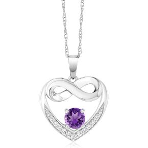Gem Stone King 10K White Gold Purple Amethyst and White Lab Grown Diamond Heart and Infinity Pendant Necklace For Women (0.89 Cttw, Round 5MM, with 18 Inch Silver Chain)