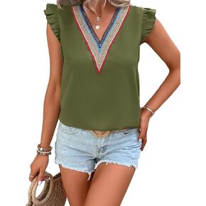 SOLY HUX Women's V Neck Contrast Lace Ruffle Trim Sleeveless Casual Summer Blouse Tops