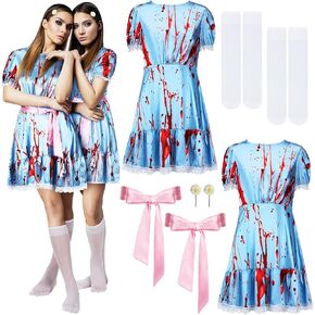 Xtinmee 8 Pcs Women's Halloween Bloodstained Twins Cosplay Costumes with Pink Ribbon Headwear and Knee High Sock Halloween Cosplay Party Ribbons for Women Girls Cosplay Party in Kuwait
