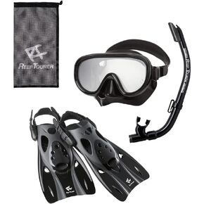 Reef Tourer Adult Single-Window Mask, Snorkel and Fin Traveling Set