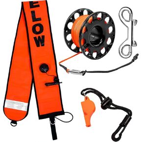 5ft Scuba Diving Surface Marker Buoy (SMB), Safety Sausage with Plastic 98ft Finger Spool Reel and Double Ended Hook Clip + Emergency Whistle for Underwater Diving