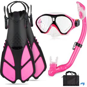 مجموعة قناع الغطس للأطفال من Qoqooice، قناع الغطس البانورامي + أنبوب التنفس العلوي الجاف + زعانف سباحة قابلة للتعديل + حقيبة معدات الغطس، مناسبة للأعمار من 5 إلى 12 عامًا in Kuwait