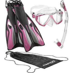Italian Design Panto-180 Premium Tempered Glass Lens Anti-Fog Panoramic Side-View Snorkel Mask, Superior Dry Snorkel Tube, Quick Adjust Fins, Snorkeling Gear for Adults Snorkel Set