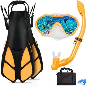 AosDero Kids Snorkeling Set with Flippers+Panoramic Snorkel Mask+Dry Top Snorkel+Earplugs+Gear Bag,Snorkeling Gear for Kids,Youth,Boys and Girls Age 5-12