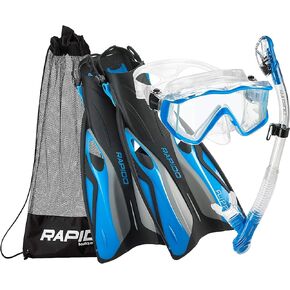 Phantom Aquatics Rapido Boutique Collection Clareza Three Window Tempered Glass Lens Mask Fin Snorkel Set with Snorkeling Gear Carry Bag