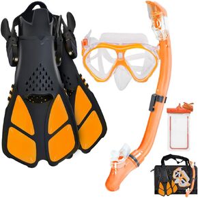Aisrida Kids Snorkeling Set Children Mask Fin Snorkel Set Snorkeling Gear Snorkel Mask + Adjustable Swimming Kids Flippers+ Dry Snorkel Tube + Travel Bags