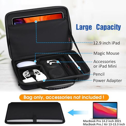 حقيبة كتف للكمبيوتر المحمول ذات هيكل صلب مقاس 13 بوصة من سيثون، حقيبة حمل كمبيوتر لوحي مقاومة للصدمات، حقيبة تخزين إلكترونيات لجهاز MacBook Pro مقاس 14 بوصة (M3/M2/M1 Pro/Max) 2023 2021، 13 بوصة MacBook Air/Pro، 12.9 بوصة iPad Pro، أسود in Kuwait