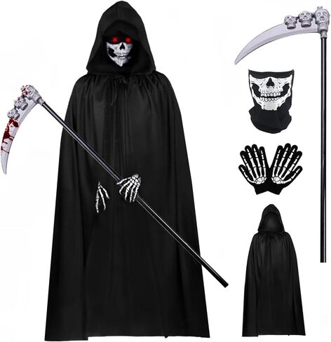 زي UYOF Grim Reaper للأولاد البالغين، زي عباءة منجل أسود، زي الشيطان للرجال بقلنسوة لحفلات الهالوين... in Kuwait