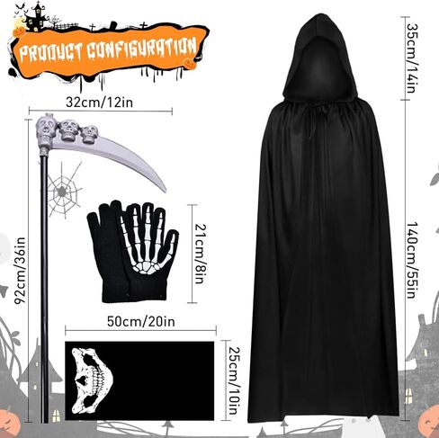 زي UYOF Grim Reaper للأولاد البالغين، زي عباءة منجل أسود، زي الشيطان للرجال بقلنسوة لحفلات الهالوين... in Kuwait