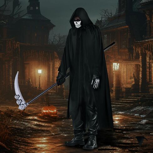زي UYOF Grim Reaper للأولاد البالغين، زي عباءة منجل أسود، زي الشيطان للرجال بقلنسوة لحفلات الهالوين... in Kuwait