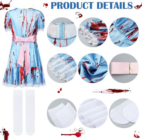 Xtinmee 8 قطع أزياء الهالوين التوائم الملطخة بالدماء مع أغطية رأس بشريط وردي وجوارب عالية للركبة وأشرطة حفلات الهالوين التنكرية للنساء والفتيات والحفلات التنكرية in Kuwait