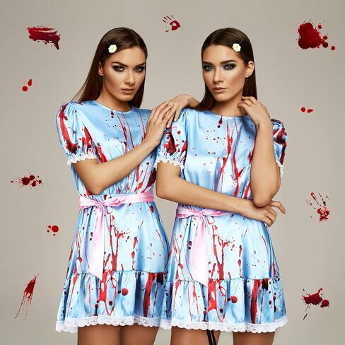 Xtinmee 8 قطع أزياء الهالوين التوائم الملطخة بالدماء مع أغطية رأس بشريط وردي وجوارب عالية للركبة وأشرطة حفلات الهالوين التنكرية للنساء والفتيات والحفلات التنكرية in Kuwait