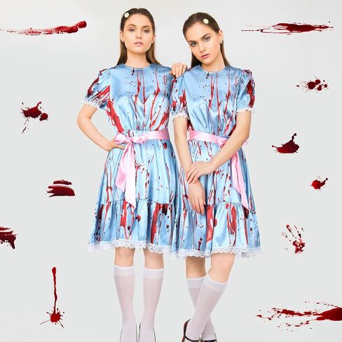 Xtinmee 8 قطع أزياء الهالوين التوائم الملطخة بالدماء مع أغطية رأس بشريط وردي وجوارب عالية للركبة وأشرطة حفلات الهالوين التنكرية للنساء والفتيات والحفلات التنكرية in Kuwait